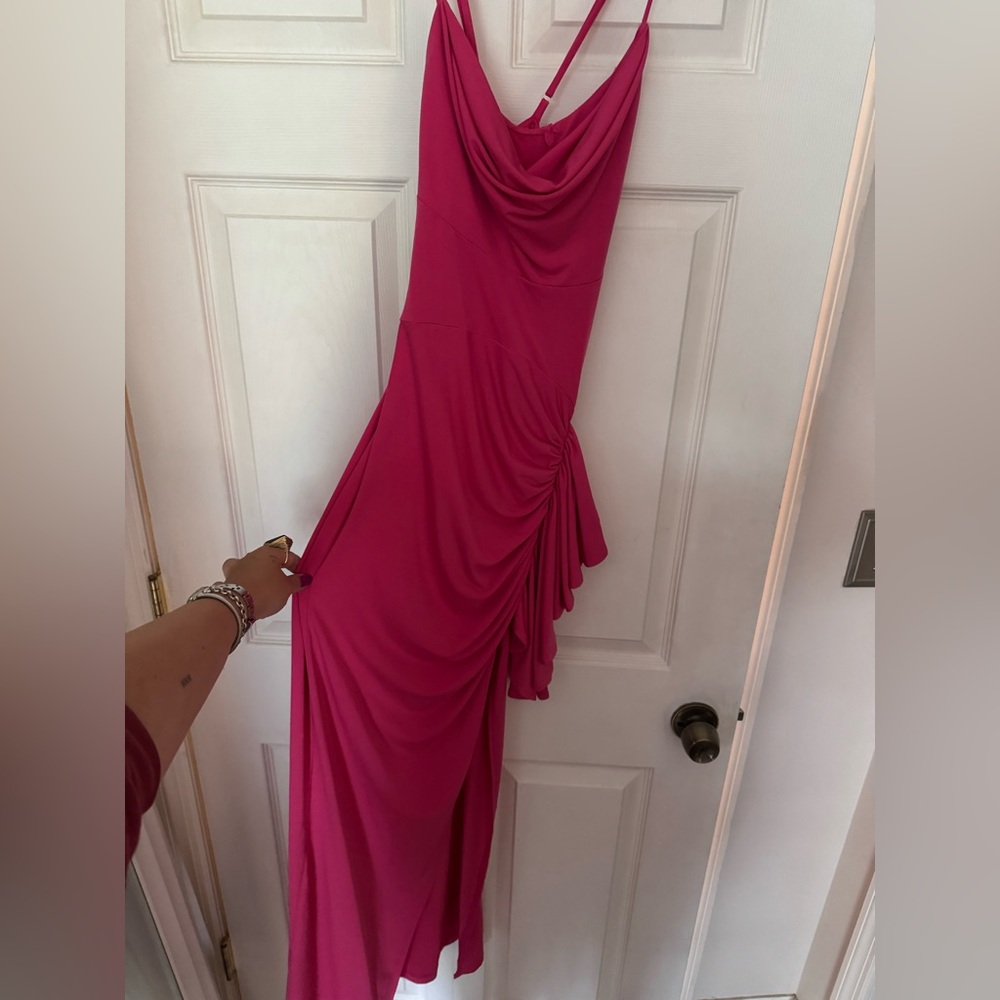 Madison Pink Asymmetrical Gown with Cowl Neck